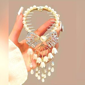 Faux Pearl and Rhinestones Bow Lily Hair Flower Tassel Exquisite Hair Accessory